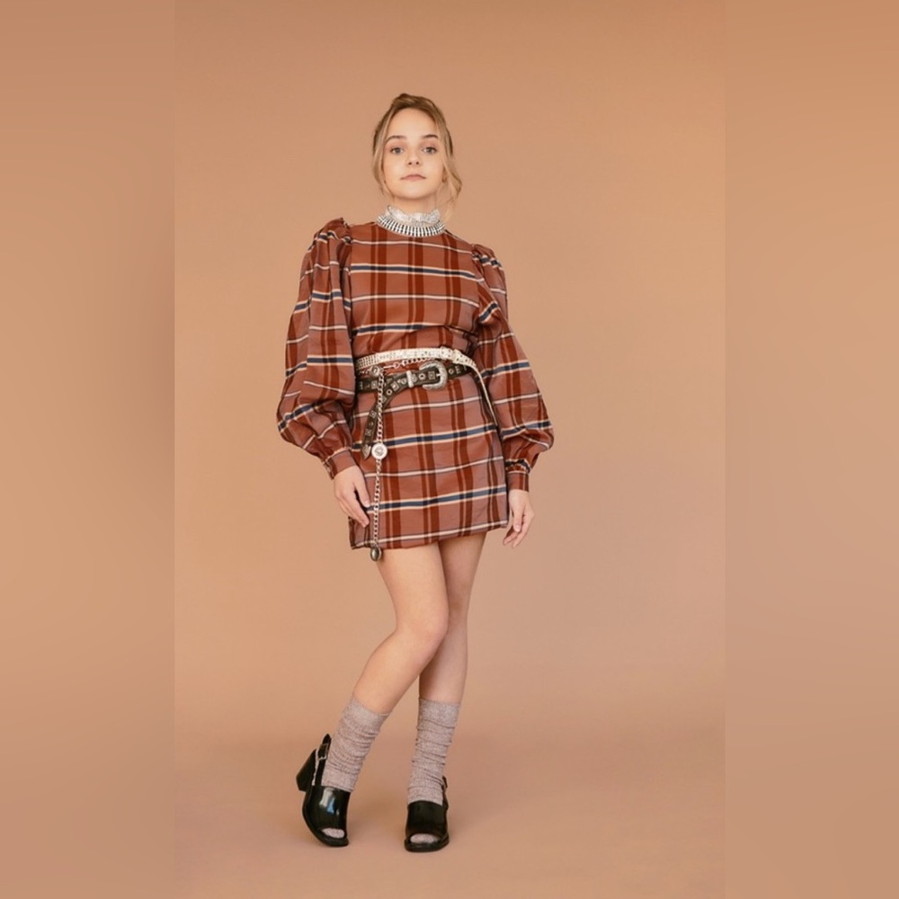 Samsoe Samsoe Orion Plaid Puff Sleeve Satin Belted Mini Dress Size XS New